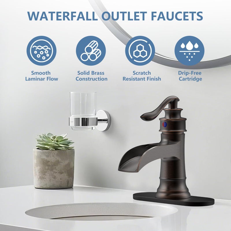 Homevacious Waterfall Bathroom Faucet Oil Rubbed Bronze Sink with Pop Up Drain Stopper Faucets Single Hole Rustic Vanity Farmhouse Overflow One Handle Bath Black Commercial Assembly by Homevacious - Image 3